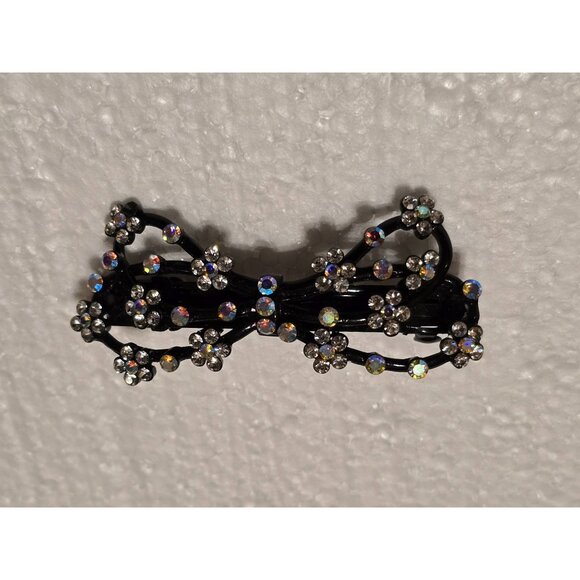 Rhinestone Black Metal Bow Hair Clip Barrette With Floral Design - Picture 1 of 3